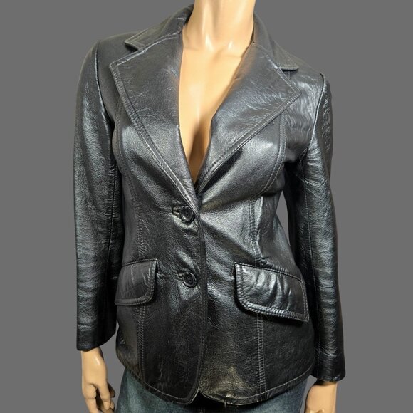 Vintage 70s Black Leather Blazer Jacket Womens Size S Rocker Grunge - Picture 1 of 8